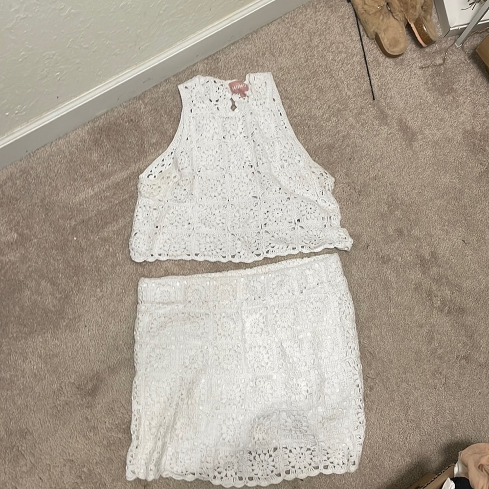 Two piece croshet show me your mumu set. Size L top. Size XL bottoms